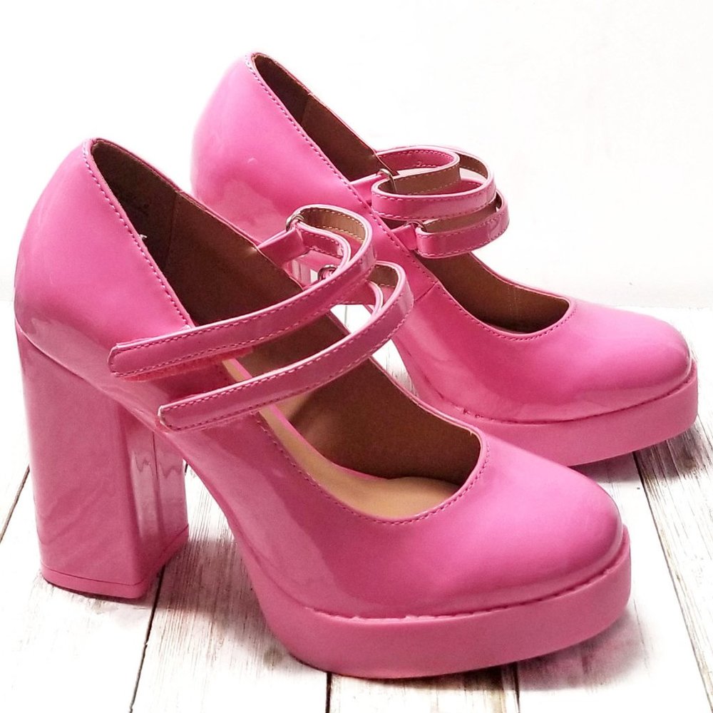 New Pink Patent Mary Jane Platform Chunky Heel Pumps